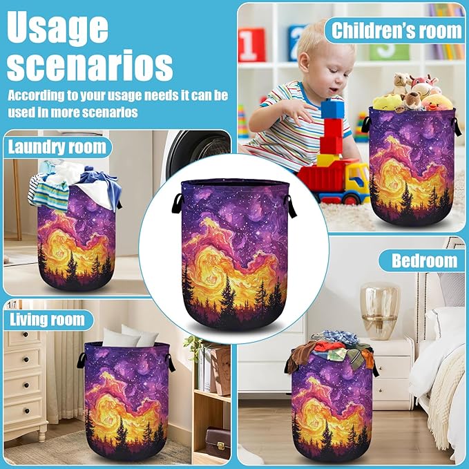 Purple Galaxy Forest Laundry Basket, Laundry Hamper Collapsible Oxford Cloth with Handle Clothes Toy Storage Bin for Bathroom Laundry Room Bedroom 15.7 X 20 Inch