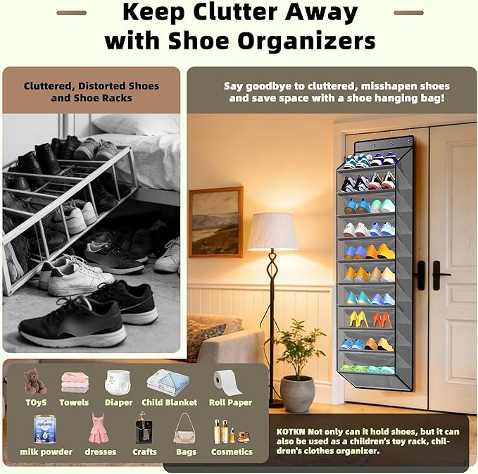 PAULONE 10-Pocket Multi-Use Over The Door Organizer, Heavy Duty 95lbs Capacity with Breathable Mesh, Versatile Hanging Storage for Shoes, Toys, Office Supplies-Slate Grey