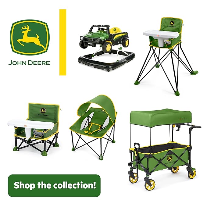 Bright Starts John Deere Pop 'N Sit Portable Booster Chair, Floor Seat, Indoor/Outdoor Use, Compact Fold, Green and Yellow, 6 Mos - 3 Yrs
