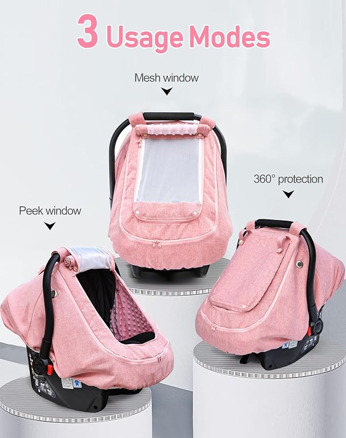 Waterproof Baby Car Seat Cover,YVMVDV Patented Pink Cold Weather Carseat Cover for Babies,Infant Car Seat Cover Canopy for Girls, Windproof Car Seat Canopy for Girls, Keeps Babies Warm and Cozy