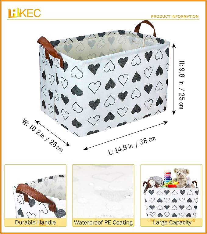 HKEC Rectangle Black Heart Print Storage Basket Empty with Handles, Kids Toys/Books Box, Gift Basket, Room Decor(Black Heart)