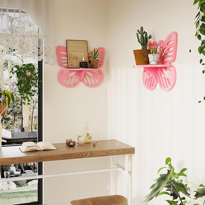 2-Tier Butterfly Wall Shelf - Nursery Decor Pink Floating Corner Shelves, Cute Wall Display Rack Bookshelf for Kid’s Room, Solid Wood Hanging Hollow Out Shelf for Toys, Plants and Decorations Storage