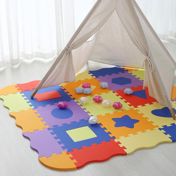Tamiplay Foam Play Mat for Kids,25Pcs Square Interlocking Puzzle Floor Mat,Baby Play Mat Floor Mat Foam Puzzle Playmat for Toddlers with Fence(Shape-CSH028