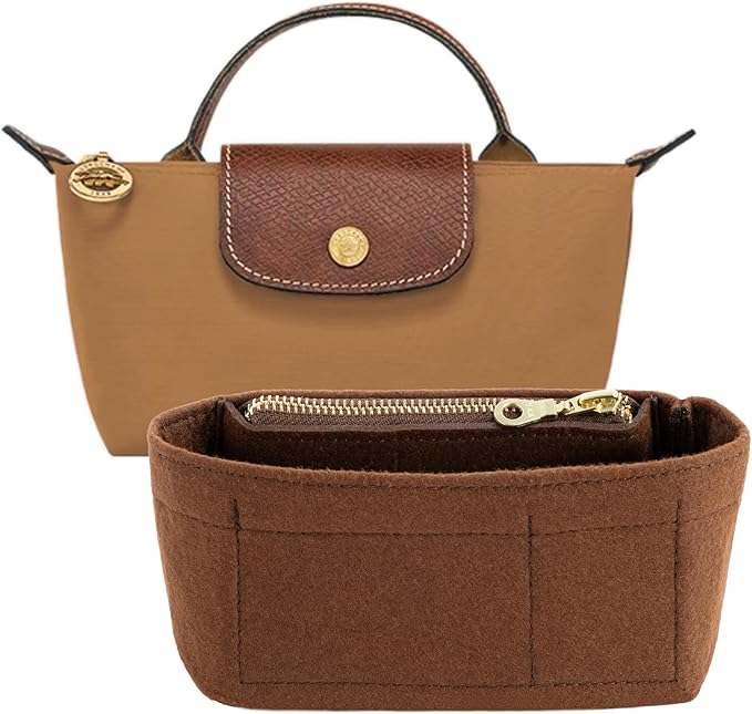 Mini Bag Organizer with Genuine Leather Crossbody Strap Conversion Kit, Compatible with Longchamp Mini Bag – Inner Liner Insert + Strap Kit Set, Brown