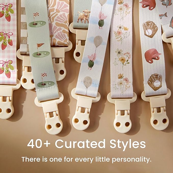 Stadela Baby Fabric Pacifier Clip Holder, Plastic Clip, 4‑Pack, Sport Pattern, Baseball Set