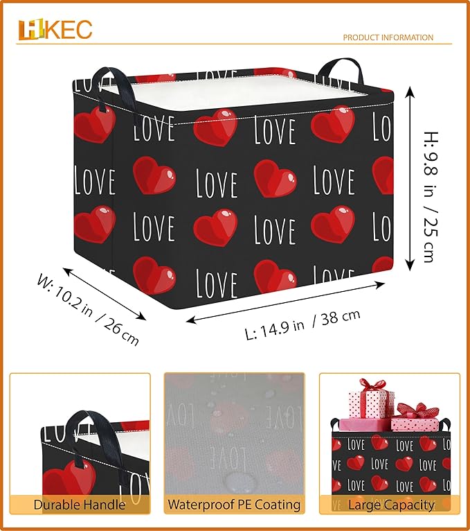 HKEC Rectangle Storage Basket with Handles,Collapsible Storage Bin,Books Box,Gift Basket(Red Heart)