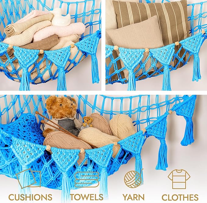 TIDYTEDS Macrame DreamLights Boho Stuffed Animal Storage Net Hammock Extra Large Plush Toy Storage Holder For Small Or Large Plushies BLUE