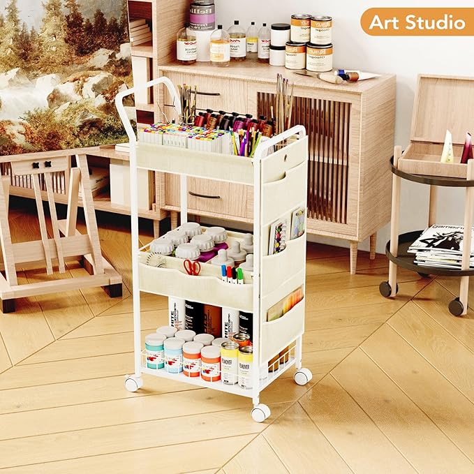 BBLIKE 3-Tier Diaper Caddy Organizer - Rolling Utility Baby Cart with Basket and Side Pockets for Nursery and Baby Essentials, Multi-Function Cart for Bedroom and Bathroom, Begie