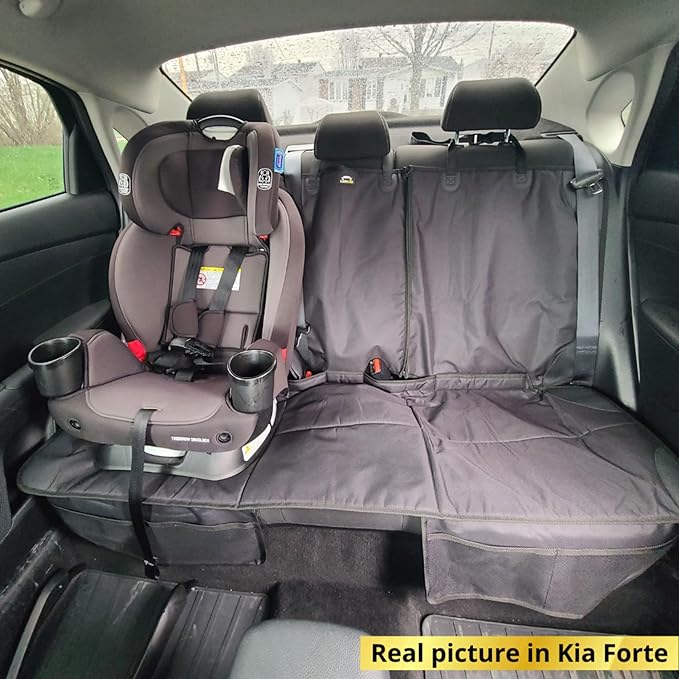 Car Seat Protector, Under Child Car Seats Cover | Waterproof, 3 Functional Rear Belts, Baby Carseat Cushion, Covers Fabric and Leather Seats | 4Pockets Non-Slip Thick Padding