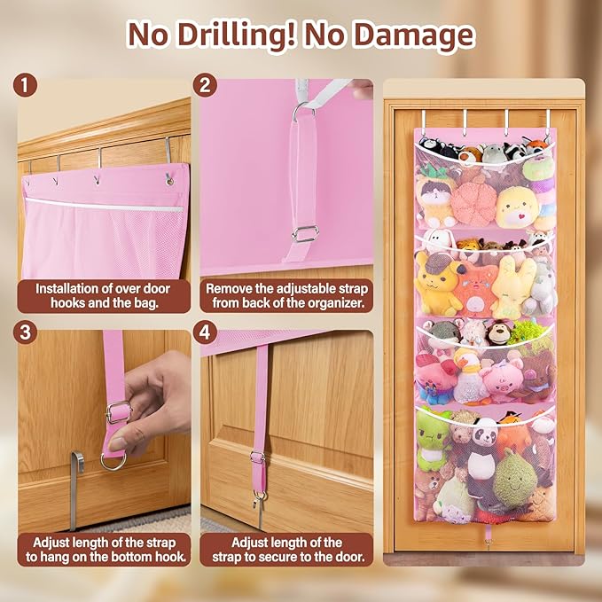 Woodoulogy Hanging Stuffed Animal Storage, Over Door Large Plush Toy Organizer with Metal Hook, Baby Accessory Holder Idea for Nursery, Doll & Bear Mesh Hammock Bag for Girl Boy Kid Room