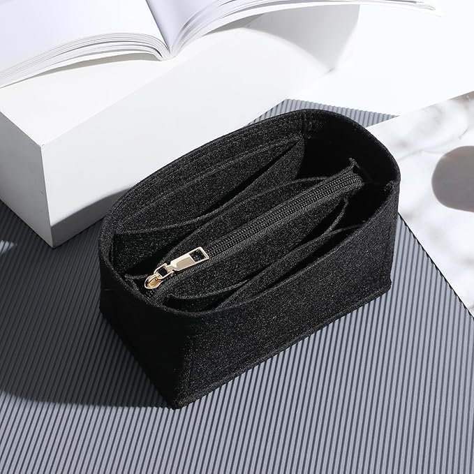 Premium Felt Purse Organizer Insert, 7 Compartments with Removable Zipper Pocket | Small Purse Organizer Fits LV Speedy 20, Noé BB, Mini Ophidia Tote, Groove 20 & More Bag Organizer Insert (Black)