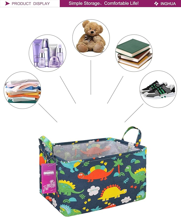 INGHUA Rectangular Storage Basket Fabric Organizer Bin for Toys,Books,Clothes,Gifts,Pets-Perfect for Home,Office,Nursery,Dorm,Shelf(Rec Forest Dinosaurs)