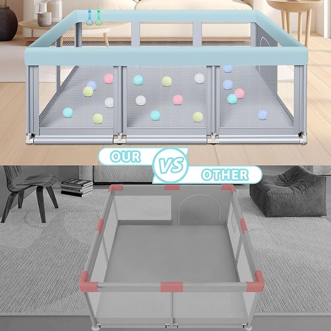 Fshibila 74" ×50" Large Baby Playpen, Baby Playard for Babies and Toddlers, PlayPen for Indoor & Outdoor, Sturdy Safety Play Yard with Soft Breathable Mesh, Anti-Fall, Ball x 18, Handle x 2, Grey