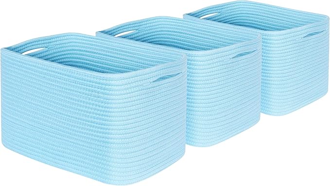 MINTWOOD Design 3-Pack Decorative Woven Storage Baskets for Shelves, Cube Bin Box for Organizing Books, Shoes, Dog Toys, Pantry Closet and Living Room Organizer, Sky Blue