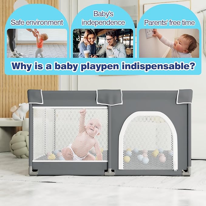 Grobeybees Playpen for Babies and Toddlers, Large Baby Playpen, Playard with Bag, Indoor & Outdoor Play Pen, Sturdy Safety Baby Play Yard with Soft Breathable Mesh (Grey)