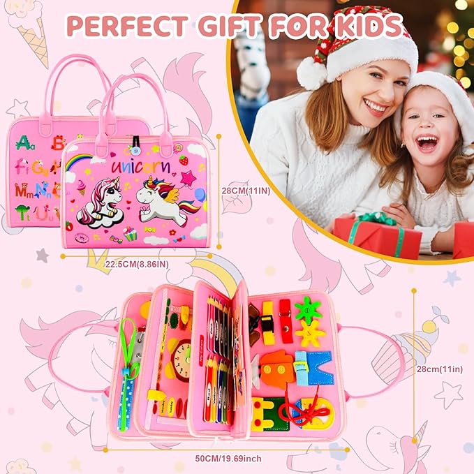 Toddler Busy Board Montessori Toys, Busy Book Educational Learning Toys for Toddler Girls, Activity Book Sensory Toy with Life Skills, Kids Travel Toy for Airplane Car Toddlers Christmas Birthday Gift