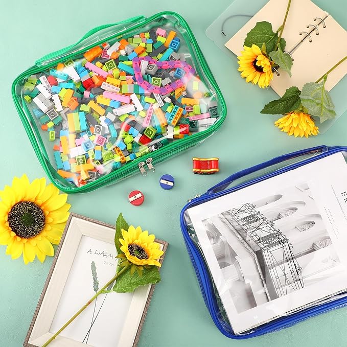 Sanwuta 3 Packs Toy Storage Bags with Zipper, Clear PVC Organizing Waterproof Toy Bags for Board Games, Building Blocks, and Kids Books(12.6 x 9 x 2.36 Inch,Blue, Yellow, Green)