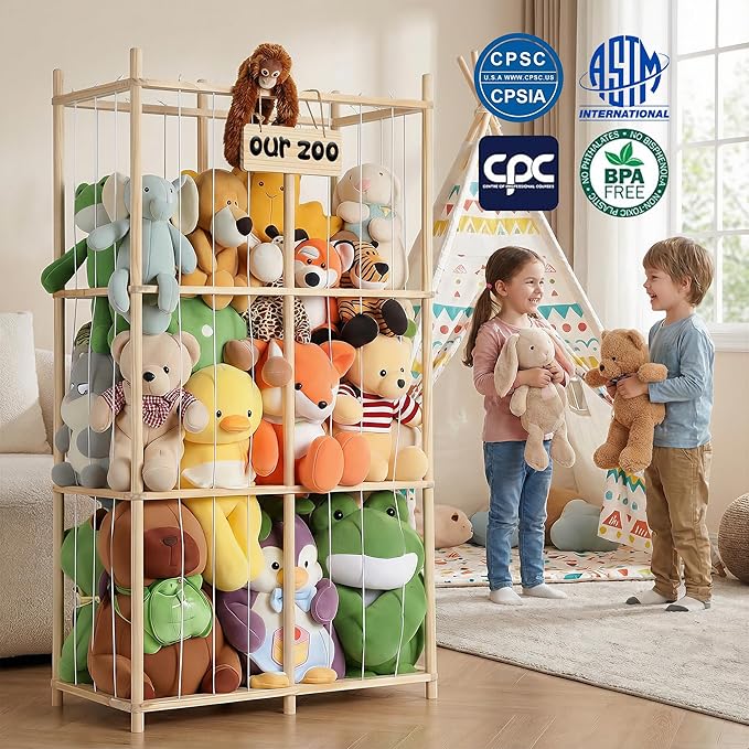 LAMU Stuffed Animal Storage, Wooden Zoo Stuffed Animal Holder with Elastic Cords, Space Save Plush Toy Cage, Double Capacity Extra Large Stuffed Animal Organizer for Playroom, Bedroom, Nursery, 31" W