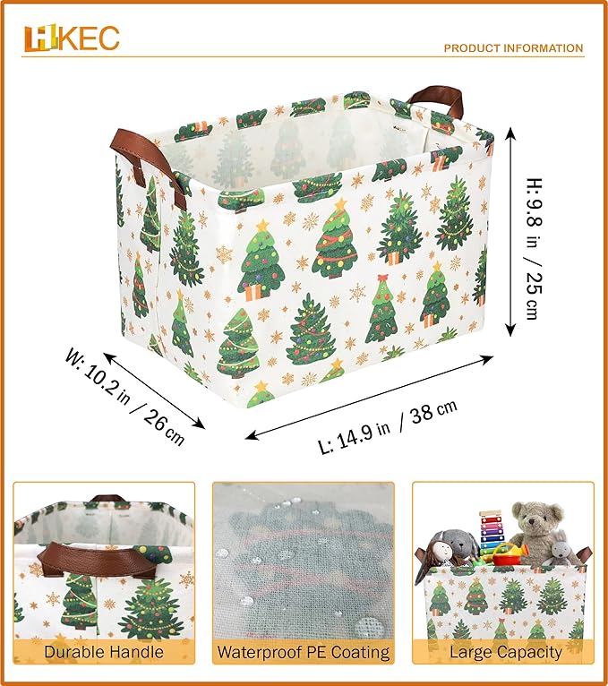 HKEC Rectangle Christmas Basket,Candy Storage Basket with Handles,Kids Gift Storage Box,Cute Canvas Organizer Bin for Pet,Books Basket,Toys Bin,Gift Baskets(Christmas Tree)