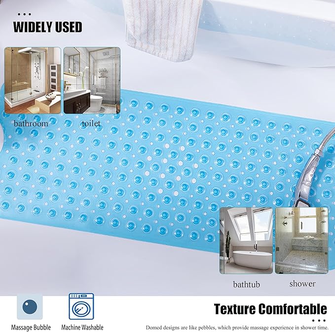 Bathtub and Shower Mats, 28 x 15 Inch Non-Slip Bath Mat, Machine Washable Bath Tub Mat with Suction Cups & Drain Holes for Bathroom, Clear Blue