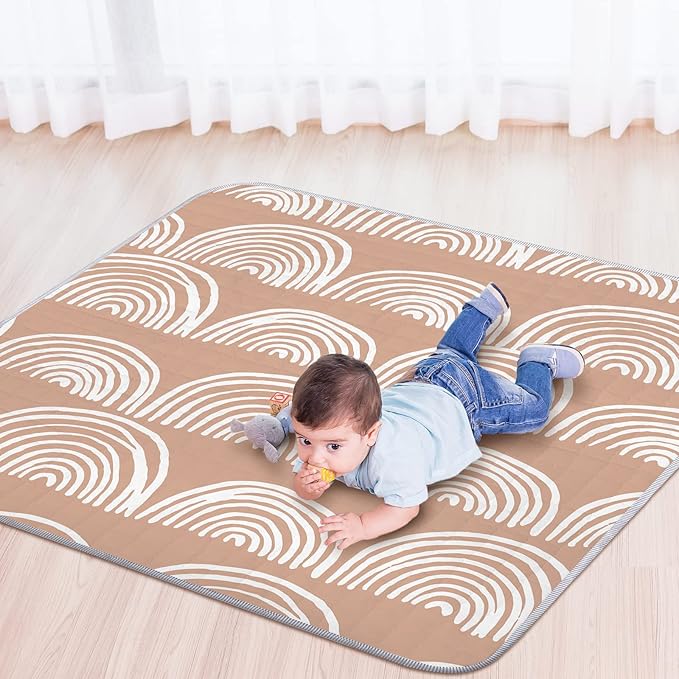 Funtery 43 x 43 Inch Boho Baby Play Mat Portable Crawling Washable Foldable Tummy Time Non Slip Baby Floor Large Playpen Mat for Infants Toddlers Floor Playpen Activity(Fresh Rainbow)