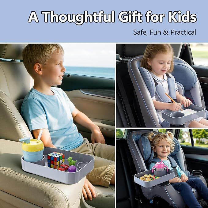 Car Seat Snack Tray for Kids Toddler Travel,Cup Holder Expander for Car,Toddler Travel & Road Trip Accessory for Mess-Free Snacking in The Car (Gray)