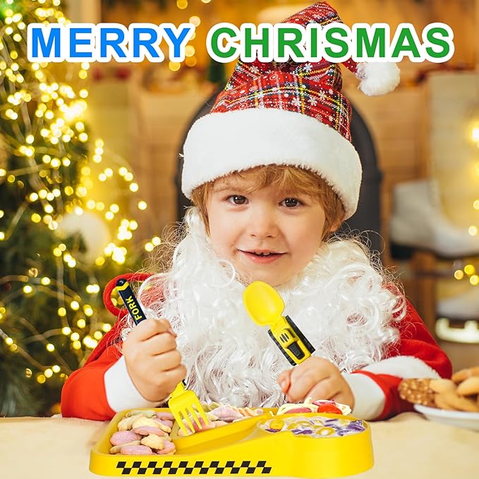 Deinyi Construction Toddler Utensils - Reusable Plastic Toddler Fork and Spoon & Storage Case - Suitable for Kids Utensils - Christmas Gifts and Birthday Gifts for 1 2 3 4 5 6 7 year old, Yellow