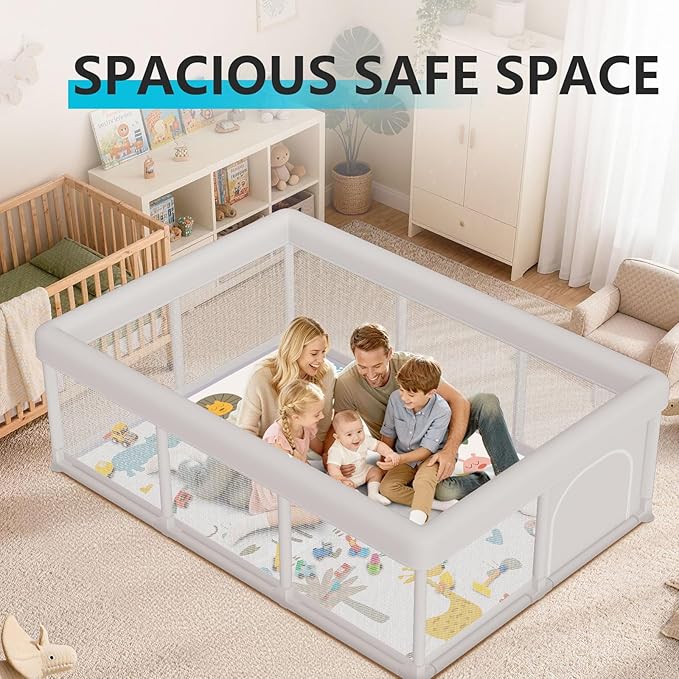 Hiaksedt Baby Playpen 74x50 in PlayPen for Babies and Toddlers, Large Play Yards for Indoor & Outdoor with Zipper Gates, Breathable Mesh with Mat