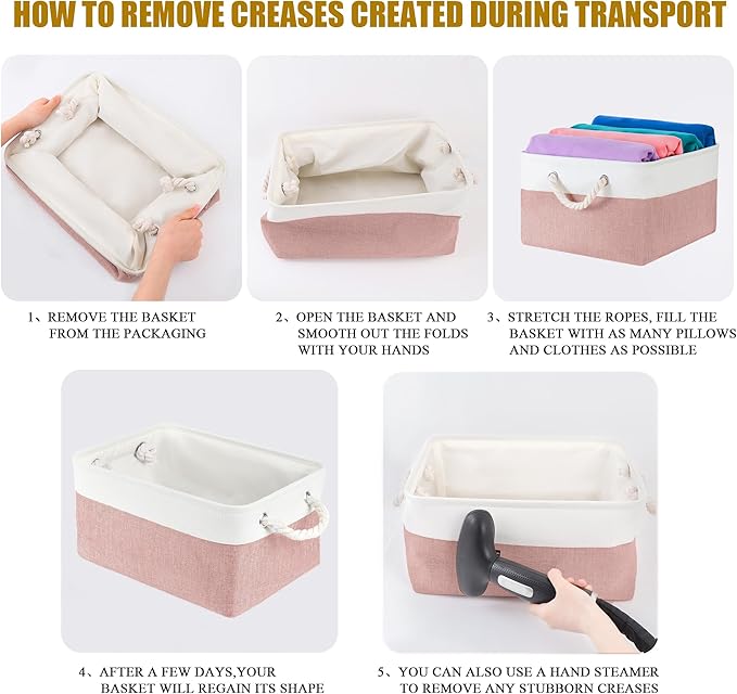 LordCom Storage Bins with Sturdy Cotton Handles(1 Pack), Fabric Storage Baskets for Organizing use for Office & Home, Book, Clothes, Toys, Closet Boxes (Large, Pink-White, 15.7x11.8x7.9 inches)