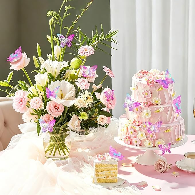 3D Gold Butterfly Wall Decor 3 Sizes 4 Styles Butterfly Party Decorations Cake Decorations Removable Stickers Wall Decor Room Mural Metallic Kids (Laser Pink Purple, 36Pcs)