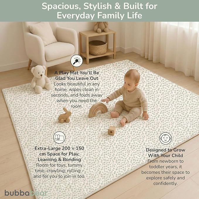 Bubba Bear Baby Play Mat, Thick Foam with Pattern Design, Foldable Waterproof Padded Crawling Mat for Babies (Green Spots, 79 x 59 Inches)