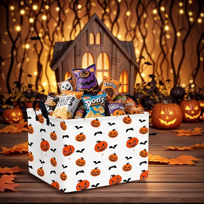 ASKETAM Large Halloween Basket Gift Personality Pumpkin Ghost Parties Decor Kid Trick or Treat Basket for Boys and Girls Rectangular Storage Bin Box (Pumpkin Bat)