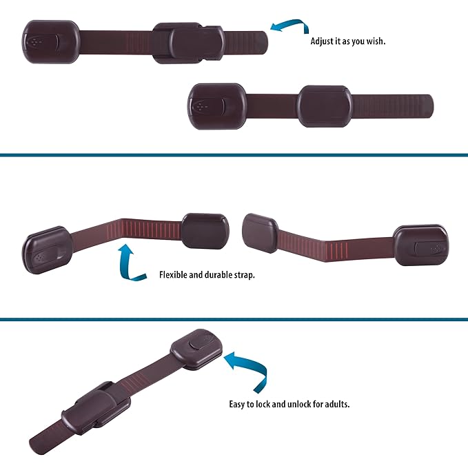 CUTESAFETY - Child Safety Cabinet Locks (2 Pack) – Adjustable Baby Proofing Strap Latches with Strong 3M Adhesive – No Drill Childproof Locks for Drawers, Cabinets, Fridge, Door, Closet, Brown