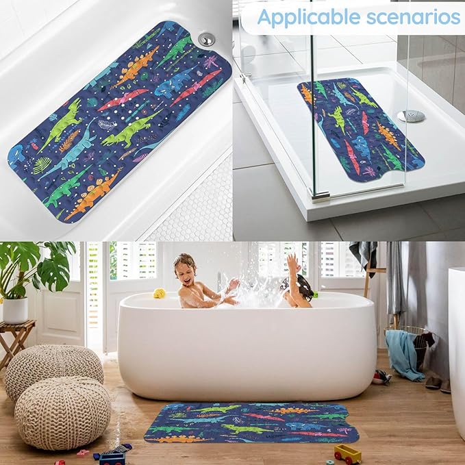 KINUUIS Bathtub Mats for Kids, Cartoon Blue Dinosaur Bath Mat for Tub Non Slip, 40 X 16 Inch Large Washable Bathtub Mat Non Slip for Showers with Drain Holes and Suction Cups