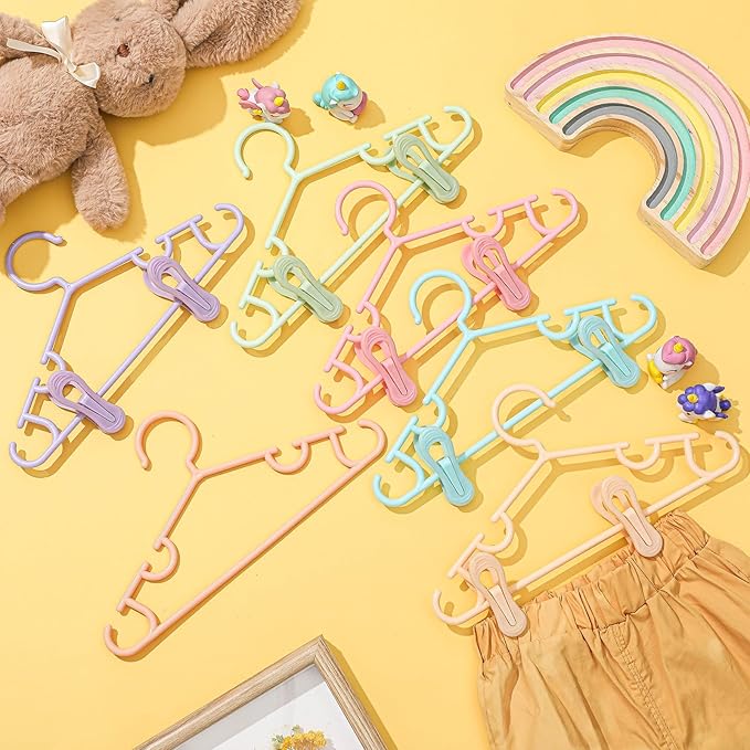 Hsei 5/10/40 Pack Baby Hangers with 10/20/80 Clips, Plastic Kids Pants Hangers for Nursery Closet Top and Bottom Clothes Hanger Set for Newborn Infant Toddler(30 Packs Total,Fresh Color,10.6 Inch)