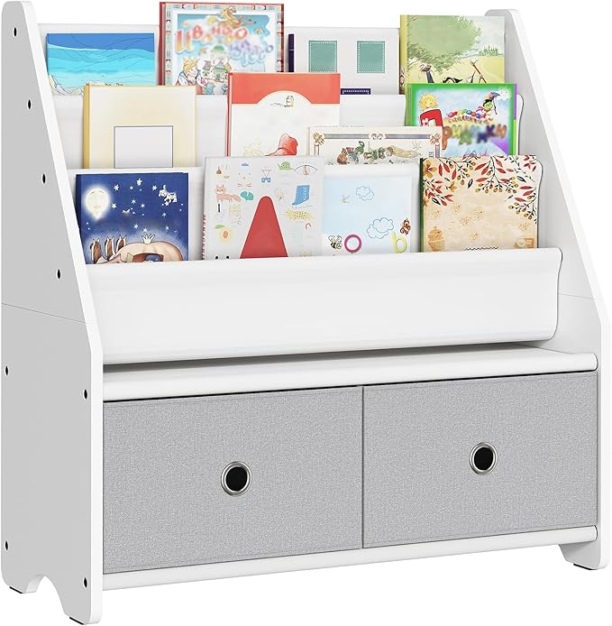 CHOEZON Kids Bookshelf and Toy Storage, 4 Tier Large Capacity Kids Book Rack, Sling Kid Bookcase, for Kids Room, Nursery, Playroom, White and Gray MCW06WT