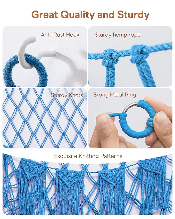 Boho Macrame Stuffed Animal Hammock with LED Lights – Large Wall Hanging Plushie Net, Corner Toy Organizer for Kids Bedroom, Nursery, Playroom & Dorm (Blue XXL)