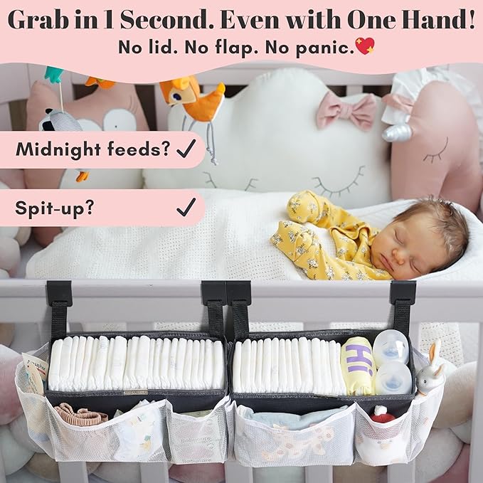 2-Pack Hanging Diaper Organizer for Crib & Changing Table | 50+ Large Capacity Baby Diaper Caddy, Washable Newborn Essentials Organizer for Baby Girl, Ideal Baby Shower Gifts with Hook Straps