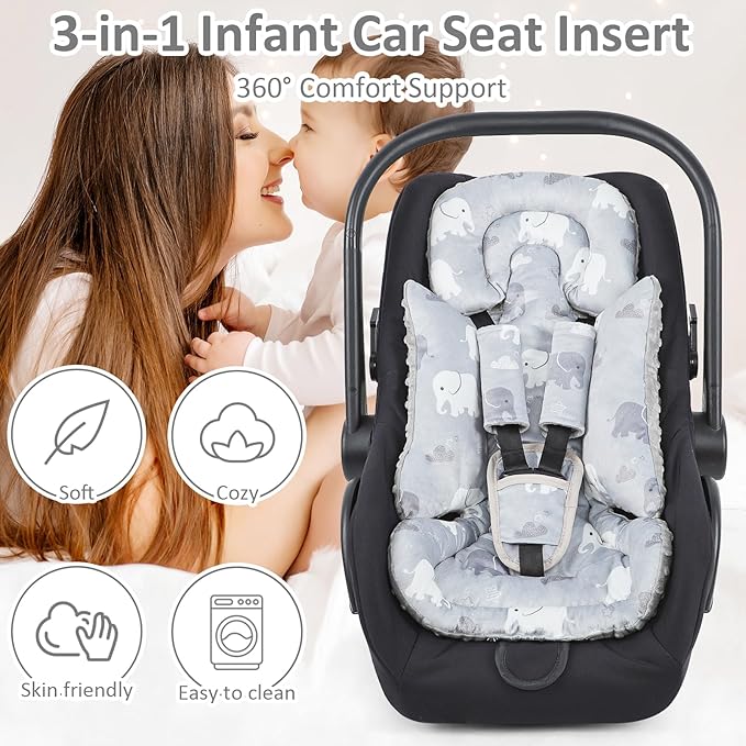 TANOFAR Car Seat Head Support Baby - Infant Car Seat Insert for Newborn Girls Boys - Soft Carseat Head Support for Infant - Newborn Carseat Insert for Car Seats, Strollers, Swings, Bouncer (Elephant)