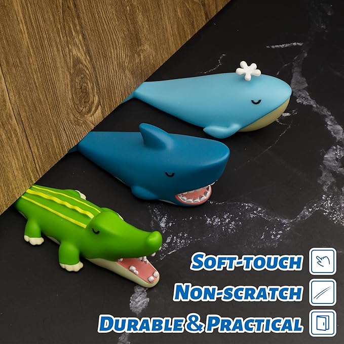 3Pcs Cute Door Stopper, Cartoon Shark Crocodile Whale Animal Door Stop, Decorative Door Wedge for Home and Office Floor(Patented)