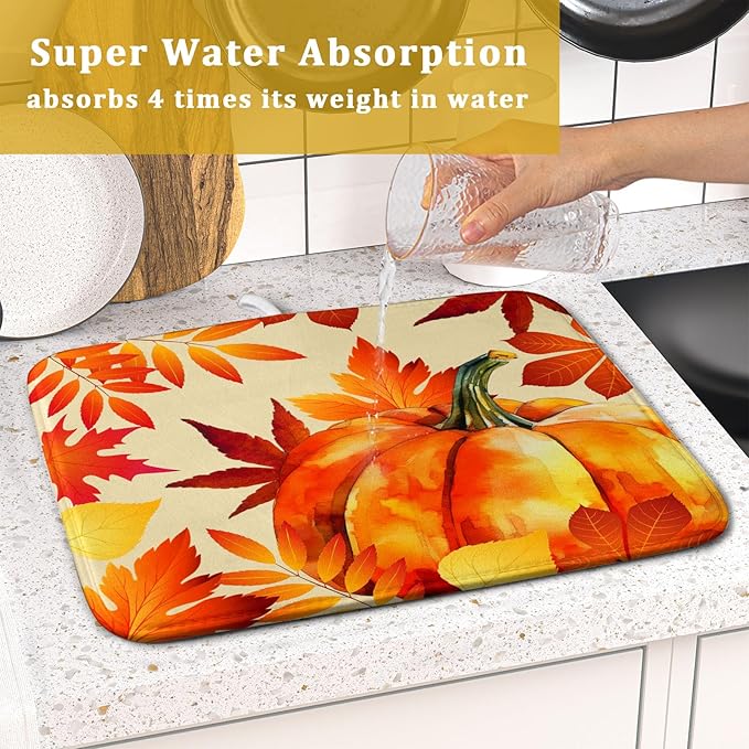Autumn Pumpkin Maple Leaf Dish Drying Mat for Kitchen Counter,Thanksgiving Fall Holiday Drying Mat with Hanging Loop 16 x 18 Inch Microfiber Dish Drying Pad Dish Rack Drainer Mat for Coffee Bar