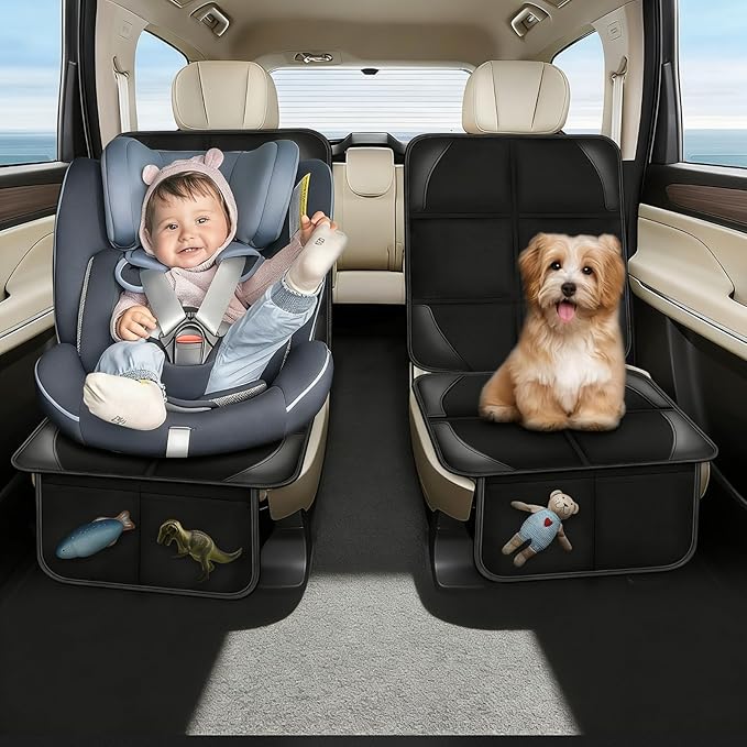 Car Seat Protector Covers - for Child Carseat mat 600d Fabric Waterproof Non Slip Thickest Padding with Storage Pockets Cushion Protectors Large Size Prevent Dirt Scratches (Black 1)