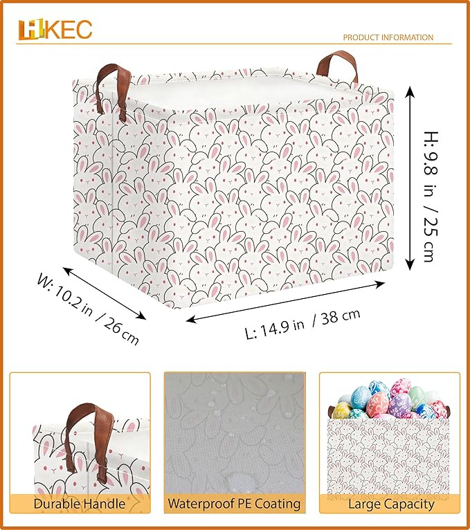 HKEC Rectangle Easter Gift Basket Empty,Collapsible Kids Toys Bin for Playroom/Bedroom,Room Decor(Bunny)