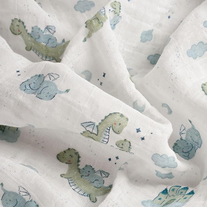4-Pack Muslin Swaddle Blankets for Newborns | 100% Cotton Breathable Soft, Large 31.5"x43.3" | Multi-Use Stroller Sunshade Nursing Cover & Receiving Blanket, Blue Dinosaur