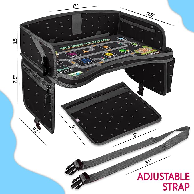 Kids Travel Tray - Waterproof Lap Table with No-Drop Large Tablet Holder - Car Seat Tray - Road Trip Essentials Kids - Car Desk Organizer for Airplane - Toddler Travel Essentials