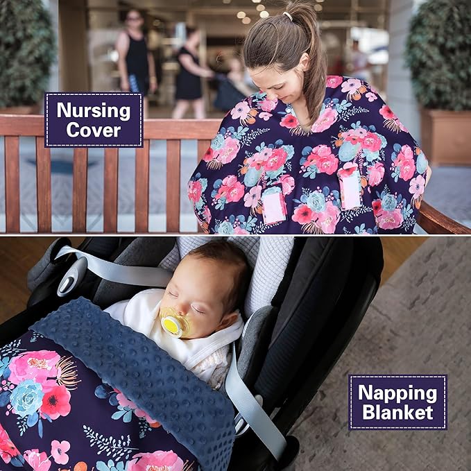 Rquite Car Seat Cover Baby, Carseat Covers Baby for Girl Boy, Warm Minky Infant Car Seat Cover Winter, Peekaboo Opening Car Seat Canopy, Multi-use Baby Carrier, Stroller, Nursing Cover, Minky Blanket