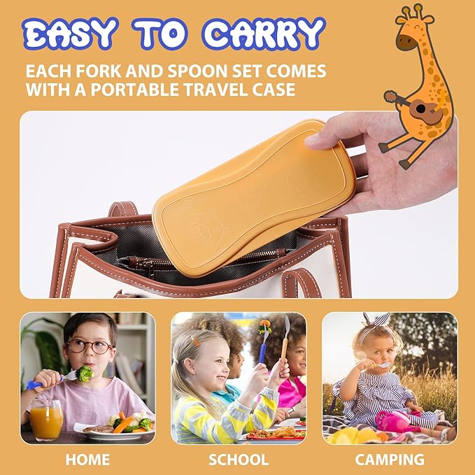 lohodo Toddler Utensils Kids Spoon and Fork Set 18/8 Stainless Steel Silverware BPA Free Blue & Yellow Cute Giraffe Child Flatware with Travel Case for Age 3+