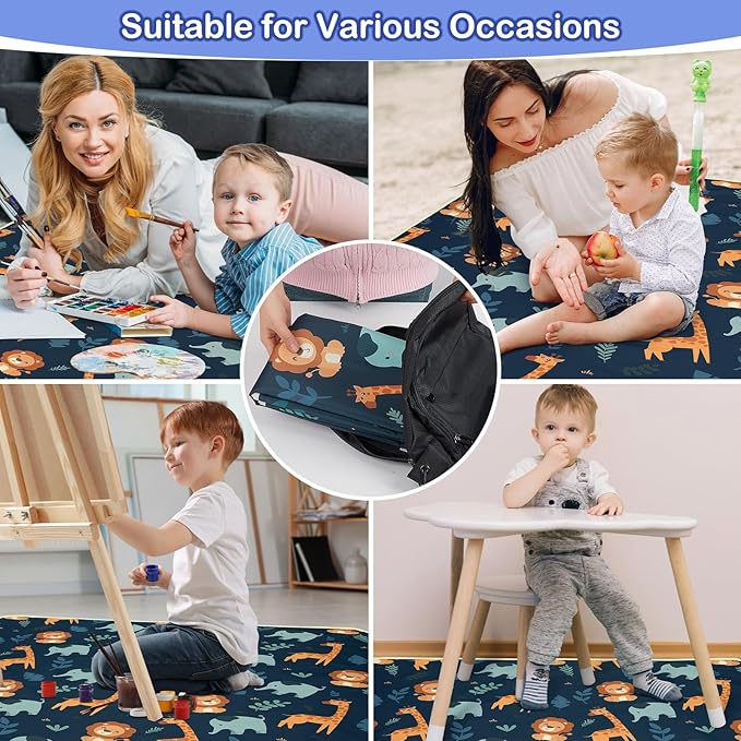 Basumee Splat Mat High Chair Mat Waterproof Baby Play Splat Mat for Under High Chair Food Catcher Highchair Mat for Floor Non Slip Bottom, Dark Blue Giraffe, 46x42 Inches