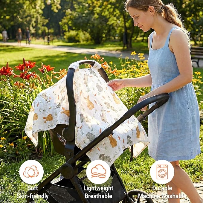 Metplus Car Seat Cover Baby, 100% Muslin Cotton Infant Carseat Covers for Boys and Girls, Lightweight Breathable Canopy, Summer Stroller Sun Shade, Newborn Travel Essentials(Rabbit)