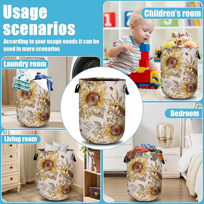 Fall Sunflowers Laundry Basket, Ladybird Honeybee Laundry Hamper Collapsible Oxford Cloth with Handle Clothes Toy Storage Bin for Bathroom Laundry Room Bedroom 15.7 X 20 Inch
